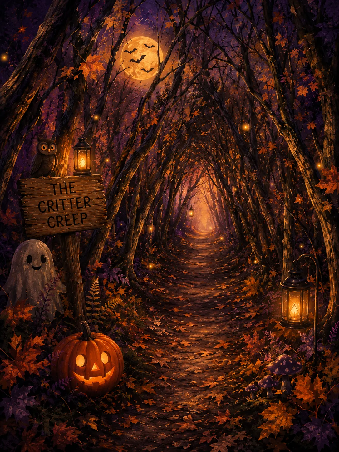 A lantern-lit tunnel of trees marked by a wooden sign reading The Critter Creep, with a friendly ghost and an owl