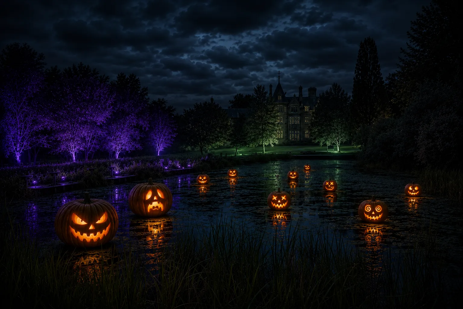 Carved pumpkins floating on the pond with the house lit behind