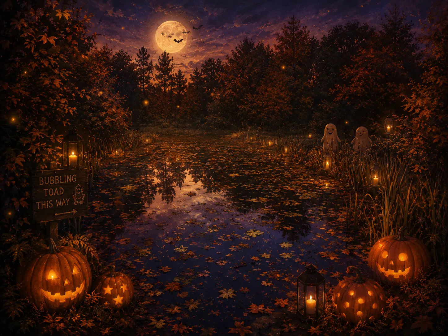 The leaf-strewn pond under a full moon, lit by lanterns, with carved pumpkins and two friendly ghosts at the water’s edge