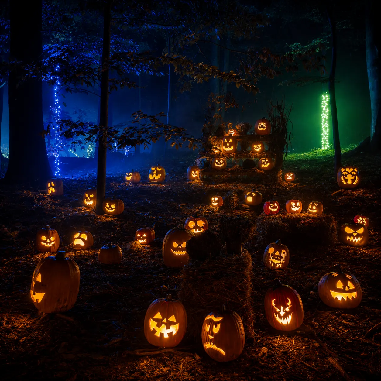 A large display of lit carved pumpkins stacked on straw bales in the woods
