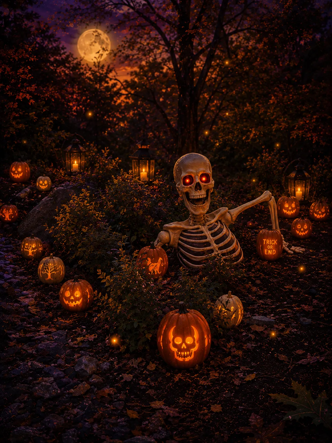 A skeleton installation surrounded by glowing carved pumpkins