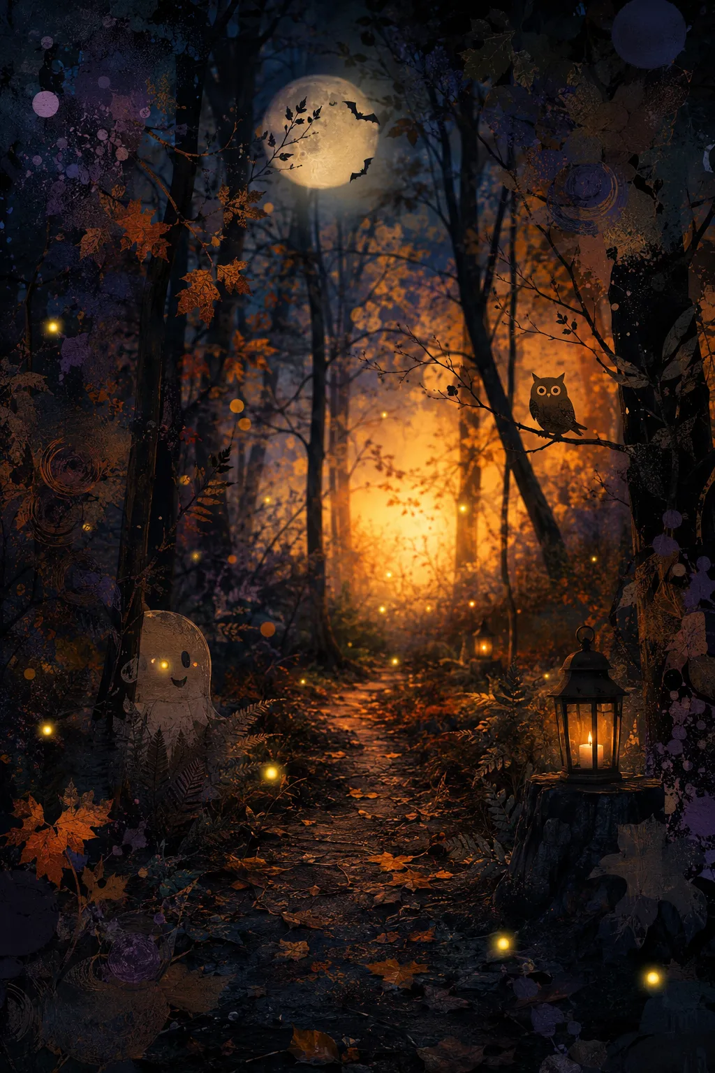 A lantern-lit earth path winding through the autumn woodland at Vogrie