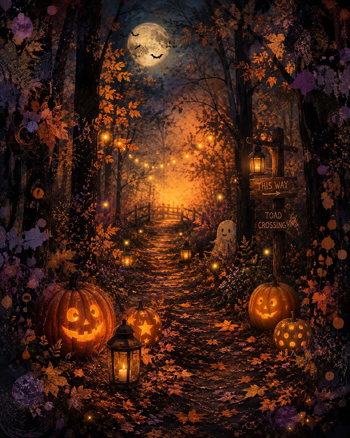 A lantern-lit woodland path strung with festoon lights, with a wooden signpost reading This Way and Toad Crossing
