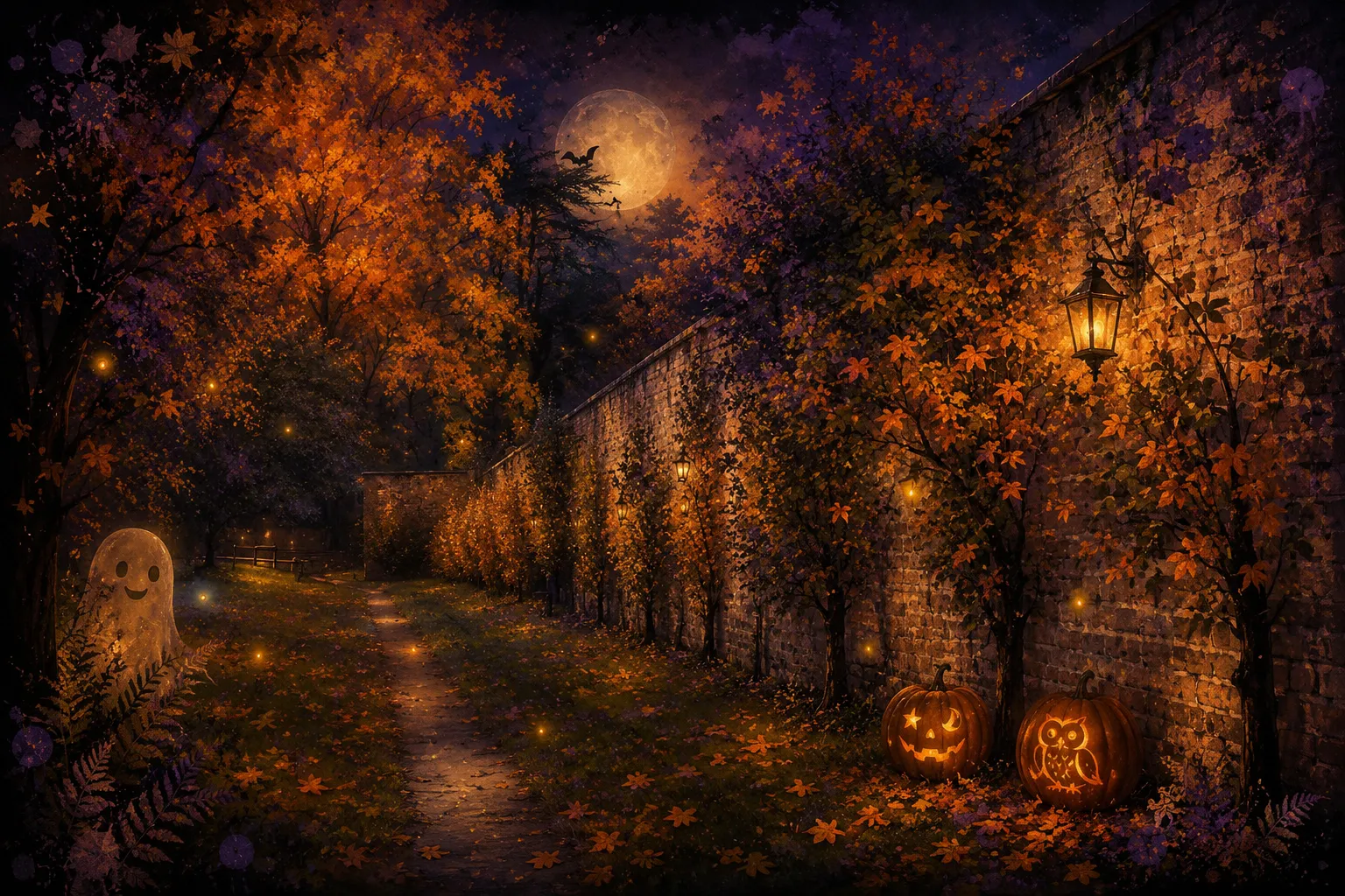 A lantern-lit path beside the old walled garden, framed by autumn trees under a full moon
