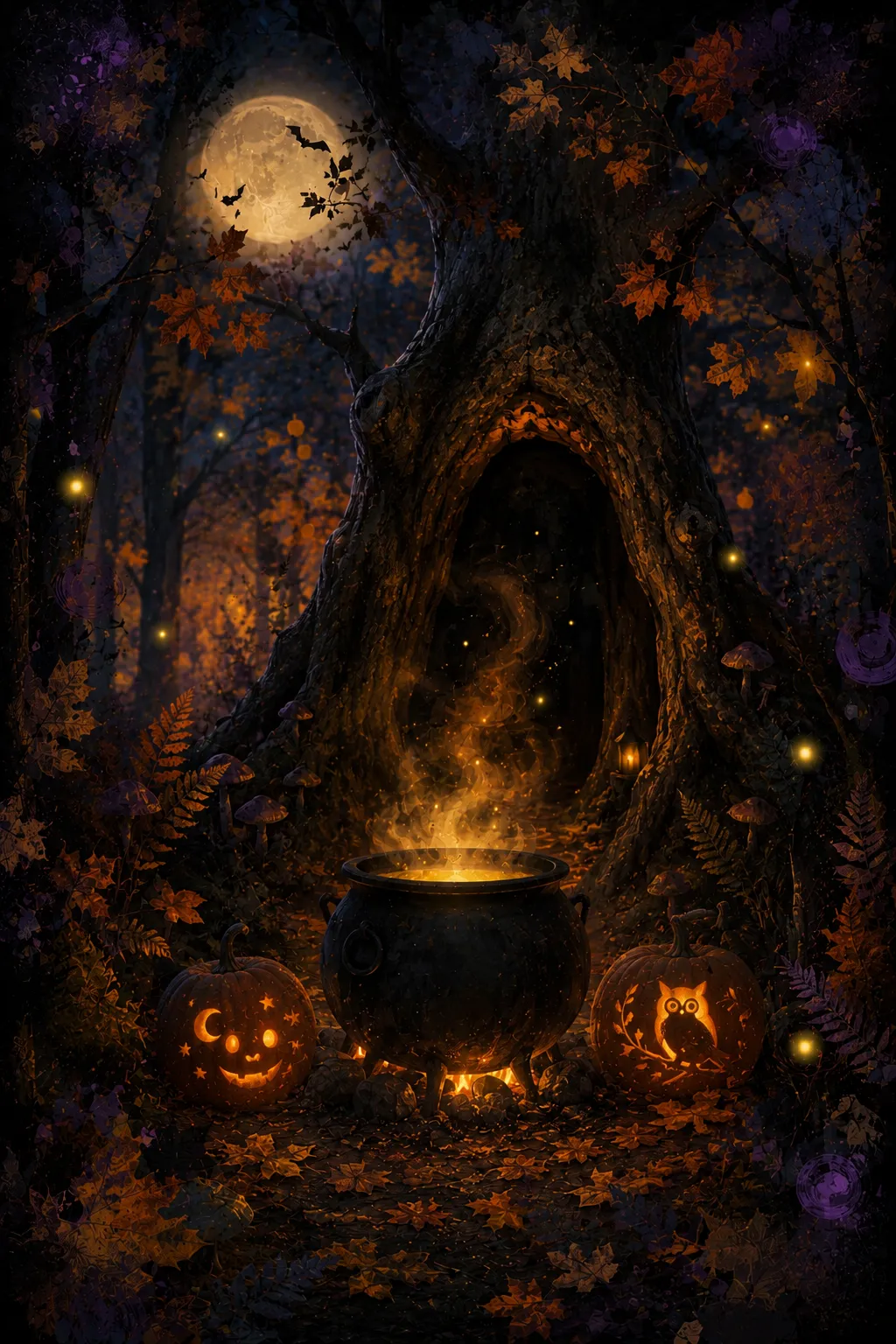 A cauldron glowing inside the hollow of an ancient tree, ringed by carved pumpkins under a full moon